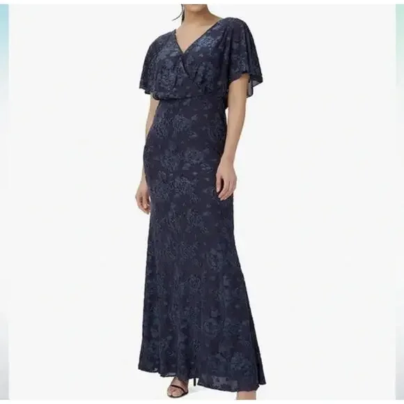 ADRIANNA PAPELL navy burnout velvet floral long blouson dress sz 10